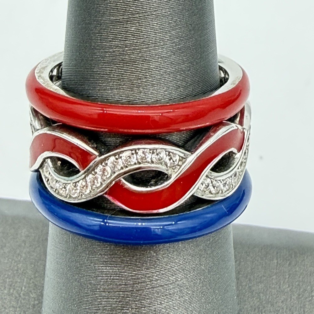 Vtg QVC 925 Sterling Silver Enamel Stacking Ring Patriotic Red Blue H Heart Sign
